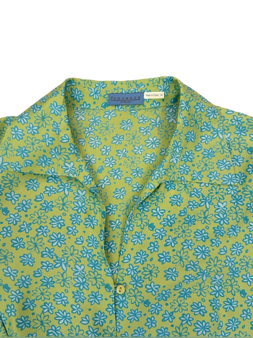 Provence d’amour 100% Silk Y2K Floral Blouse Lime Green Blue Daisy Print Medium - Picture 7 of 15